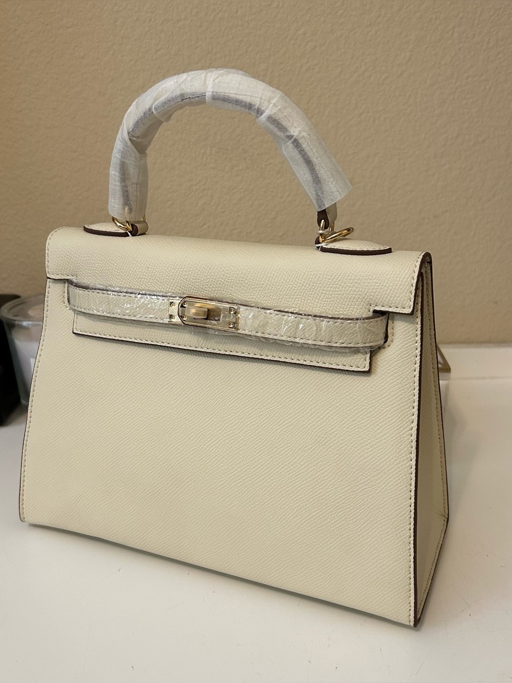 25cm Gold on Cream Epsom Top Handle Leather Satchel KL Style